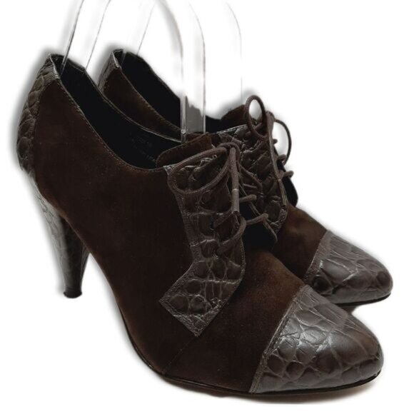 REBECCA BLUE Lace-up High Cone Heels Suede & Patent Leather Shoes Sz 7.5 Eur 38 - Picture 1 of 16